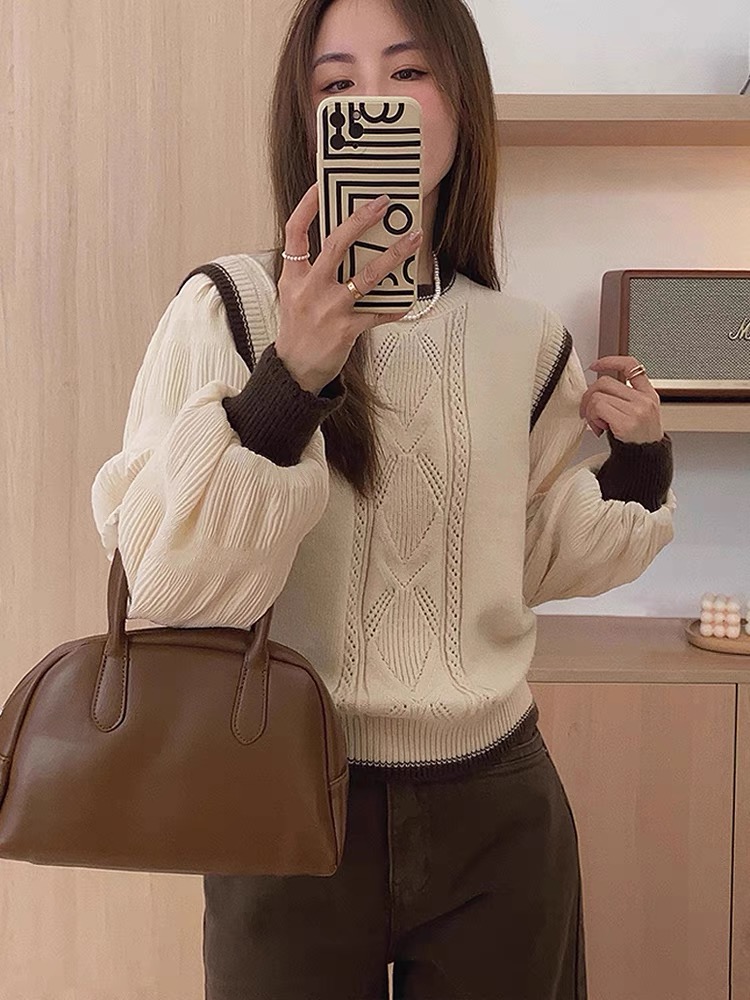 Women's round neck sweater autumn and winter high-end long-sleeved loose pullover soft waxy chiffon sleeves fake two-piece knitted top