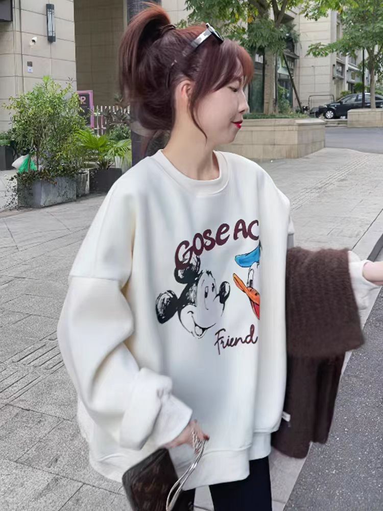 Thin Chinese cotton milk silk plus velvet Chinese cotton silver fox velvet round neck printed sweatshirt for women couple quality