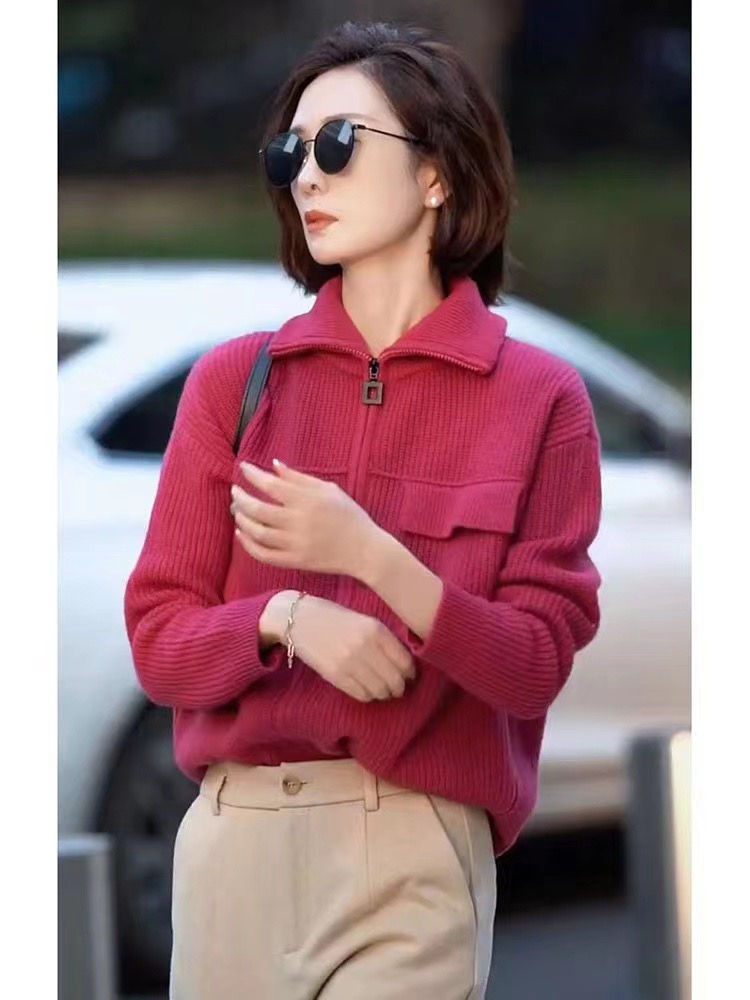 Designed single-breasted POLO collar long-sleeved sweater 2023 autumn new style ladylike slim and versatile sweater