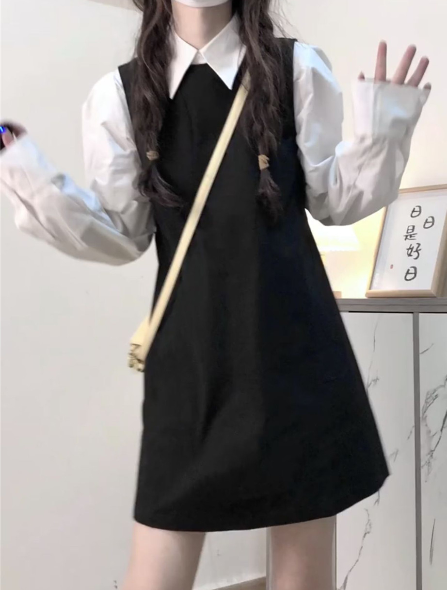 學院風減齡背帶連衣裙女學生秋季奶系收腰設計感氣質初戀裙兩件套