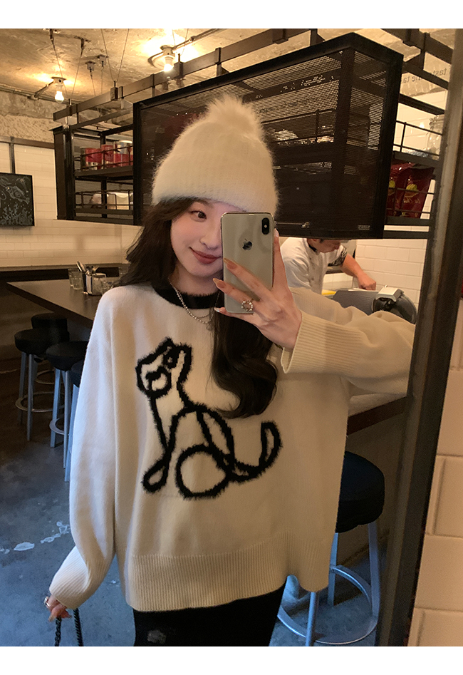 American retro lettered black sweater for women in autumn and winter loose outer wear bf lazy style soft waxy pullover knitted top trendy