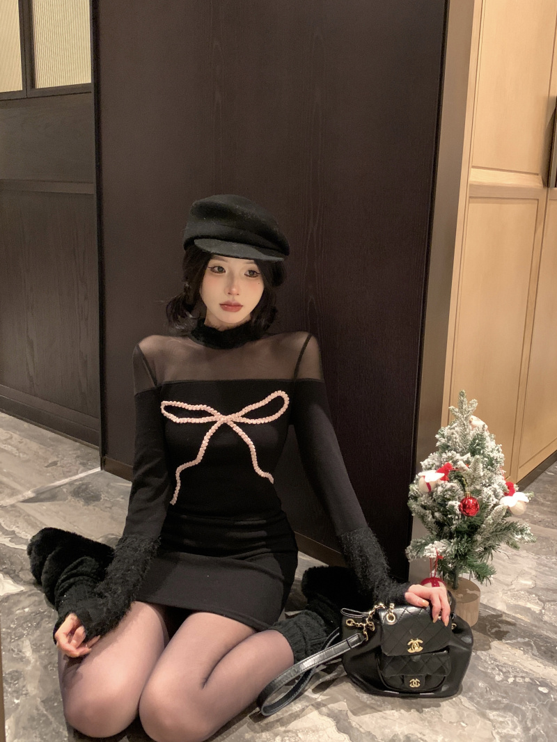 實拍 跨年戰袍蝴蝶結女冬小個子羊毛修身針織年會連衣裙