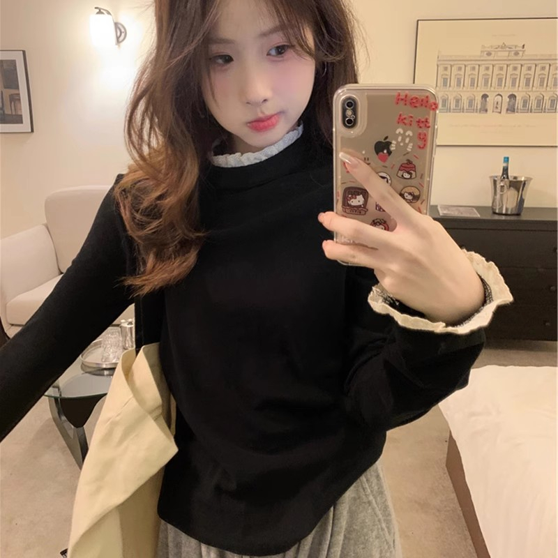 高彈羅紋德絨 蕾絲花邊高領長袖上衣女修身顯瘦打底衫