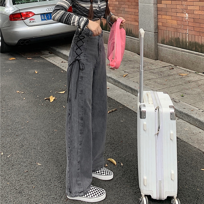 牛仔褲子拖地長褲高街ins潮設計感小眾秋季2023新款綁帶闊腿褲女