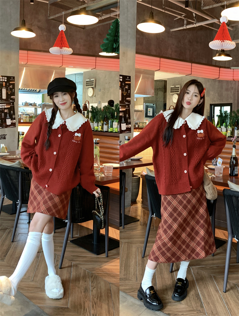 實拍 櫻桃少女 秋冬紅色聖誕節毛衣半身裙套裝