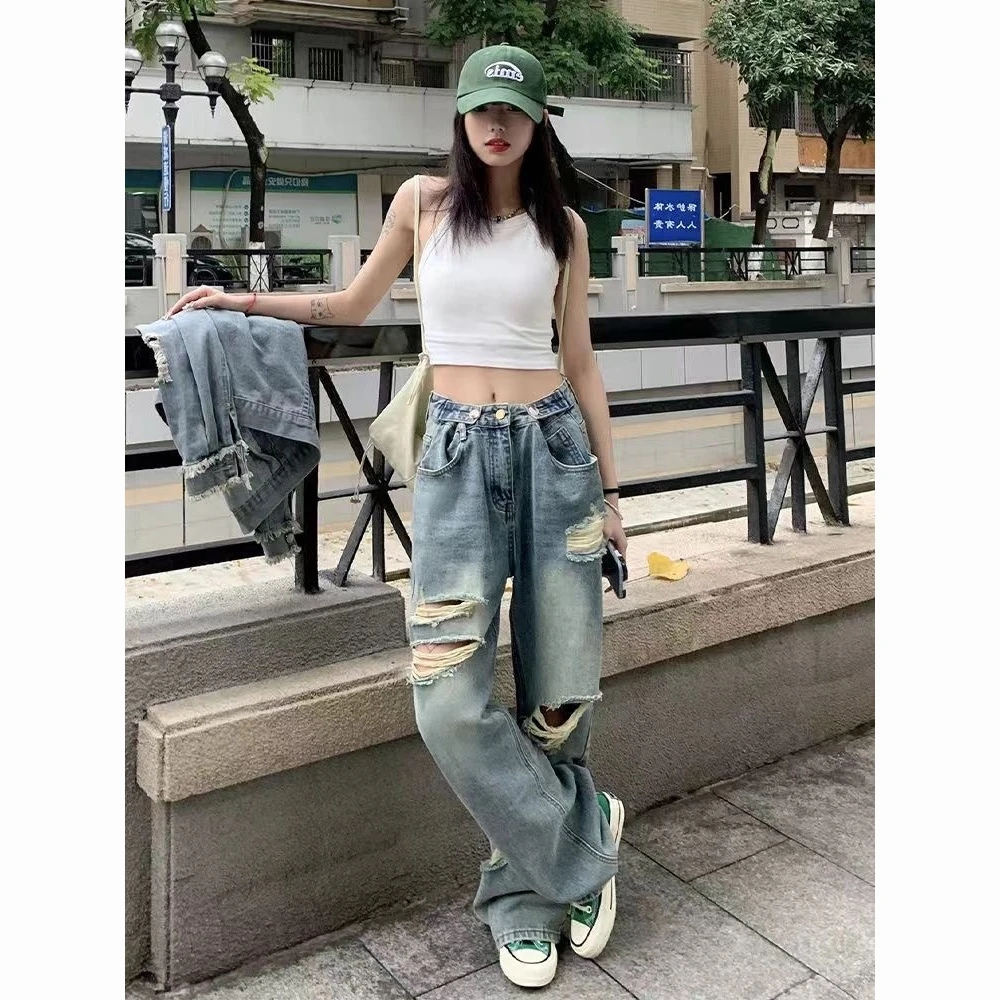 美式復古做舊破洞牛仔褲女寬鬆直筒闊腿褲高街ins潮流炸街長褲子