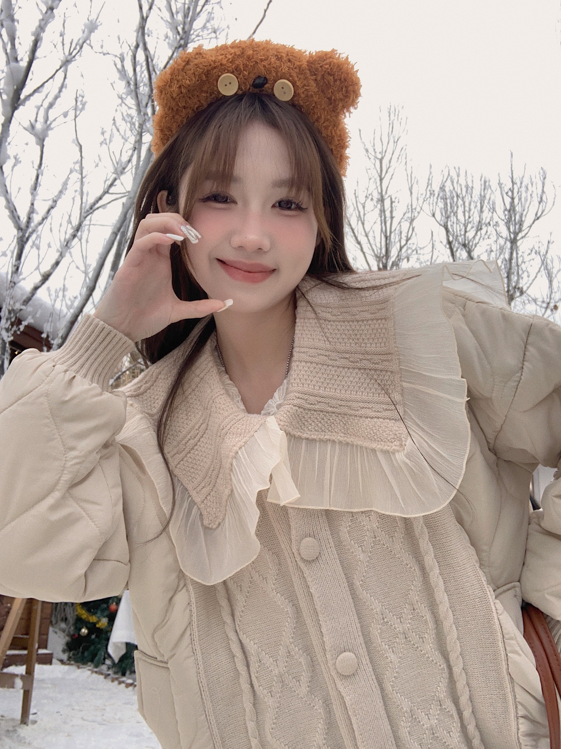 實拍韓系奶系甜美減齡娃娃領針織蕾絲加厚外套女冬季夾棉棉服