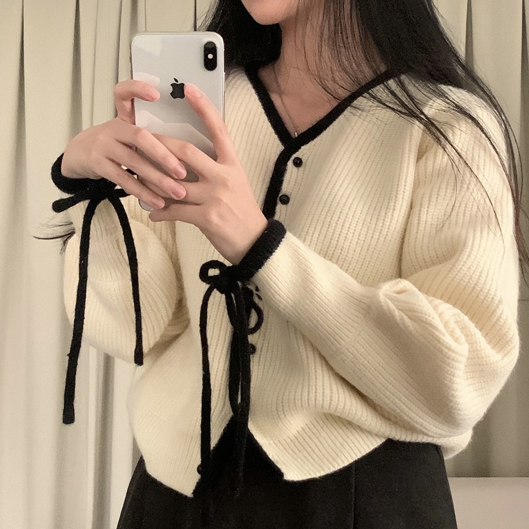 韓國chic春季新款法式簡約V領撞色系帶毛衣外套