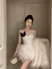 Photographed Fall/Winter Sexy Socialite Embellished with Rhinestones, Cinching Waist for a Slimming Effect, Strap Splicing Feather Heavy Work Bustier Dress