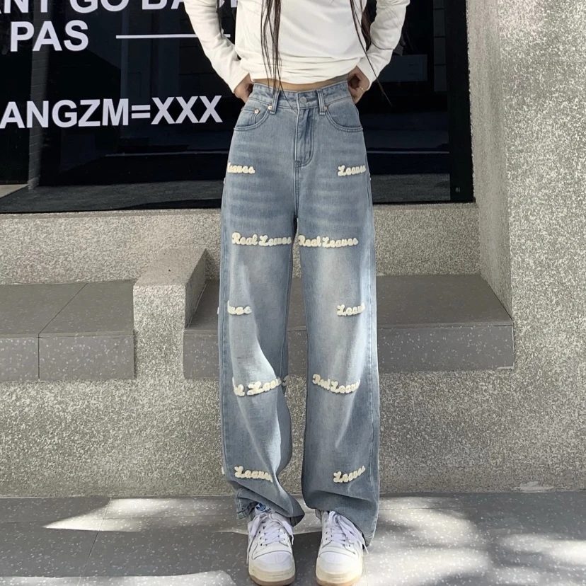 美式高街辣妹復古刺繡直筒牛仔褲女2024新款設計感高腰顯瘦拖地褲