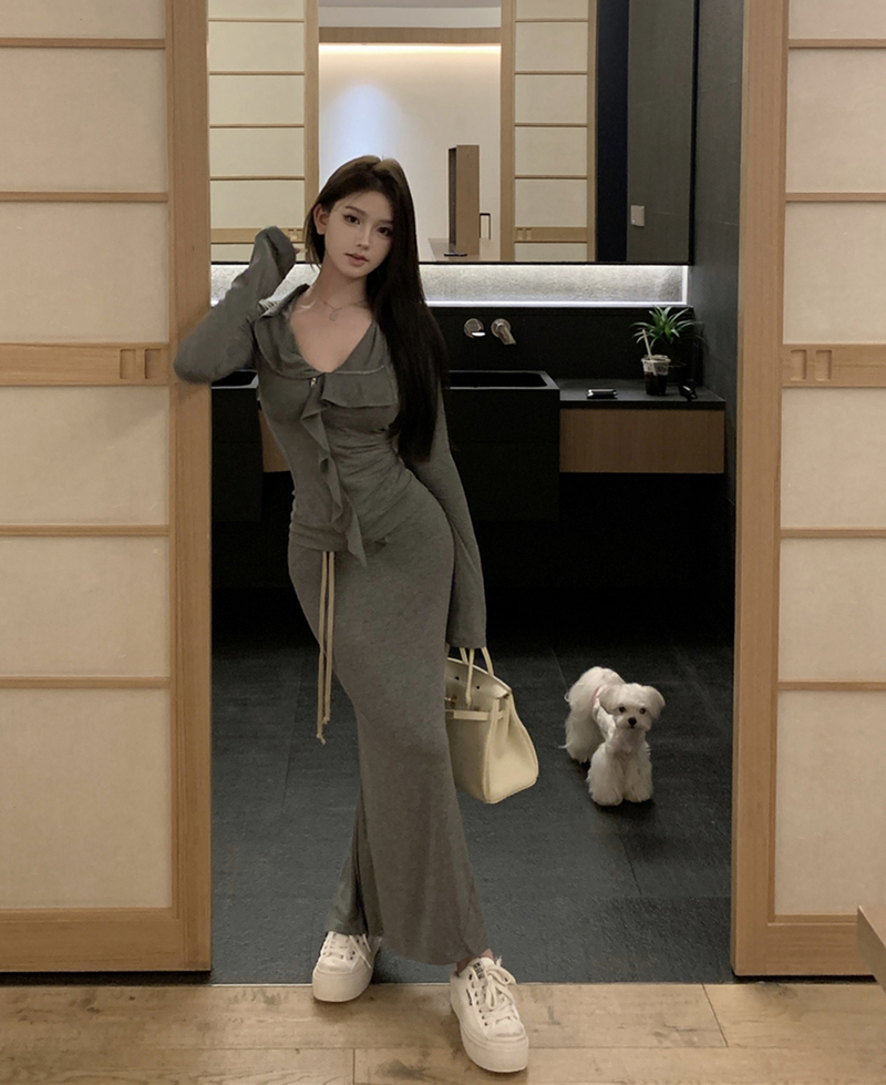 實拍復古性感荷葉邊修身上衣襯衫+包臀長裙兩件套女