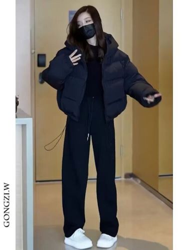 Gentle wind winter suit, high-end Korean version, thickened fashionable short bread coat, cotton coat, straight slim casual pants