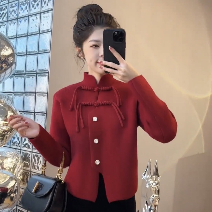 Designed with a sense of foreign style, new Chinese style tassel plate button stand-up collar cardigan sweater 2023 retro fashionable foreign style knitted