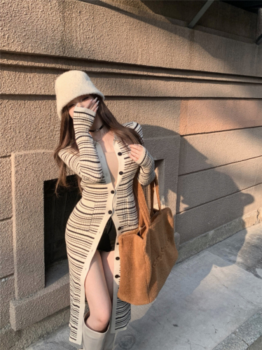 Actual shot~French striped knitted Polo dress for women mid-length stretch slim fit slit hip skirt winter
