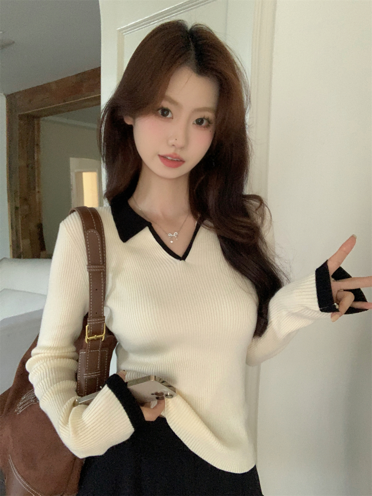 撞色POLO領長袖針織衫毛衣女冬季修身打底衫內搭小眾上衣