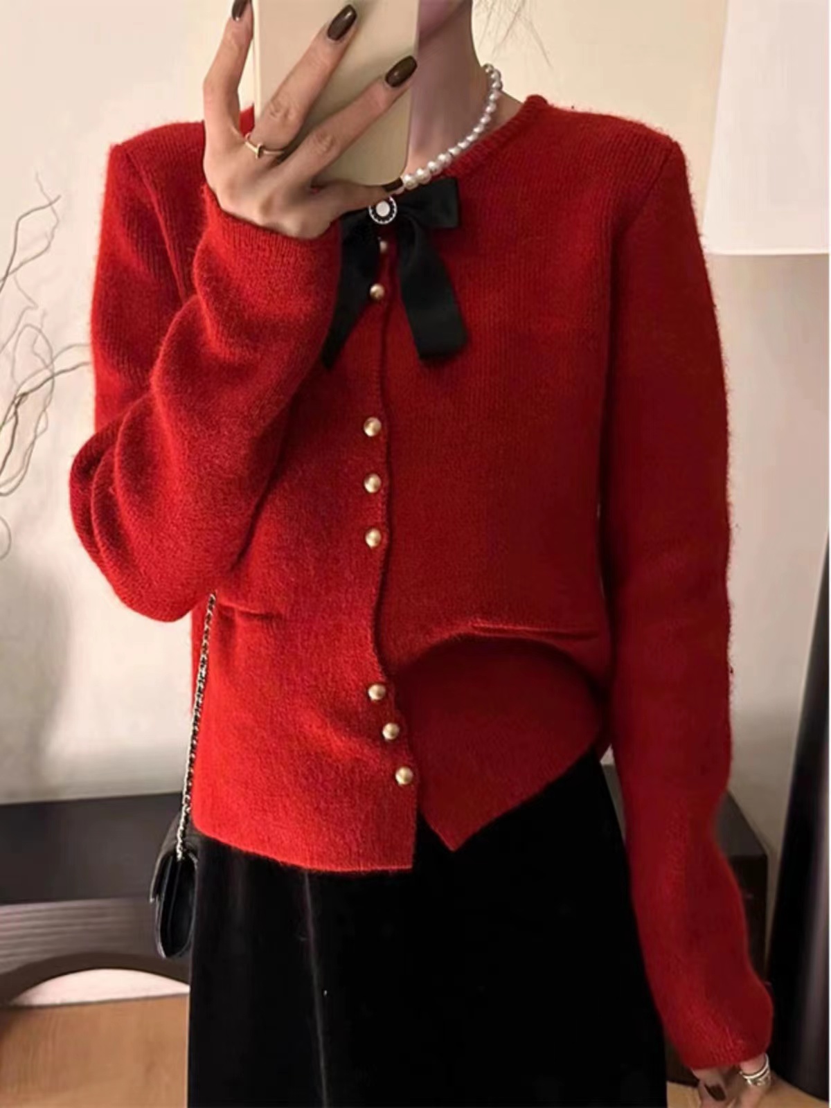 小香風蝴蝶結金屬扣羊毛針織開衫聖誕新年紅色毛衣外套女秋冬新款