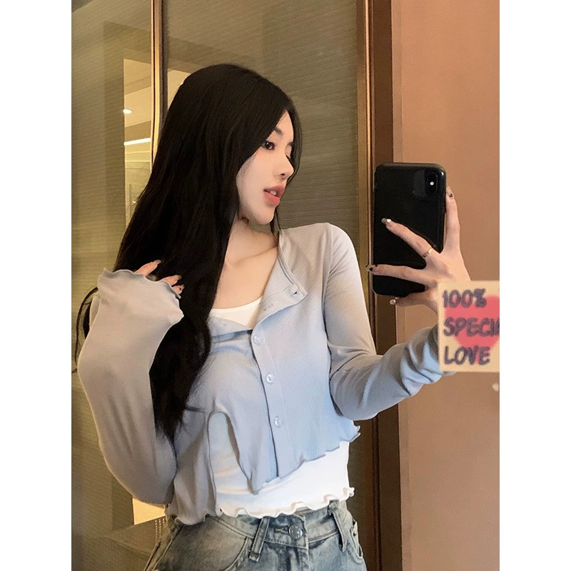 純欲T恤女秋季胖mm顯瘦修身短款辣妹法式小眾別致長袖小上衣