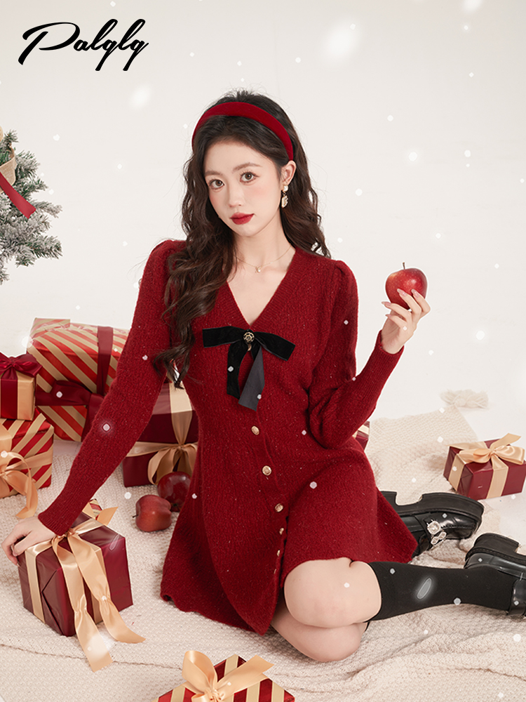 Lazy style V-neck sweater dress women's little red skirt winter new French knitted bottoming long-sleeved Christmas skirt