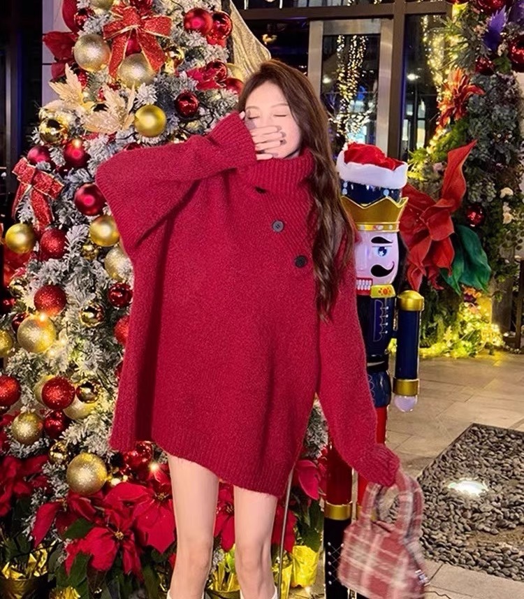 Mid-length sweater for women 2023 winter detachable scarf loose and versatile Korean style top