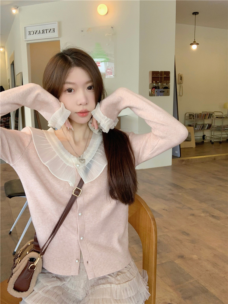 實拍~法式荷葉邊拼接長袖針織衫女珍珠扣V領開衫別致減齡上衣