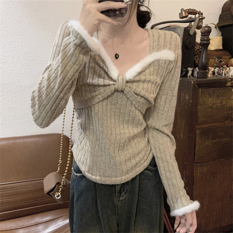Real shot of sweet style plush bow knitted sweater for women in winter regular bottoming shirt with design top