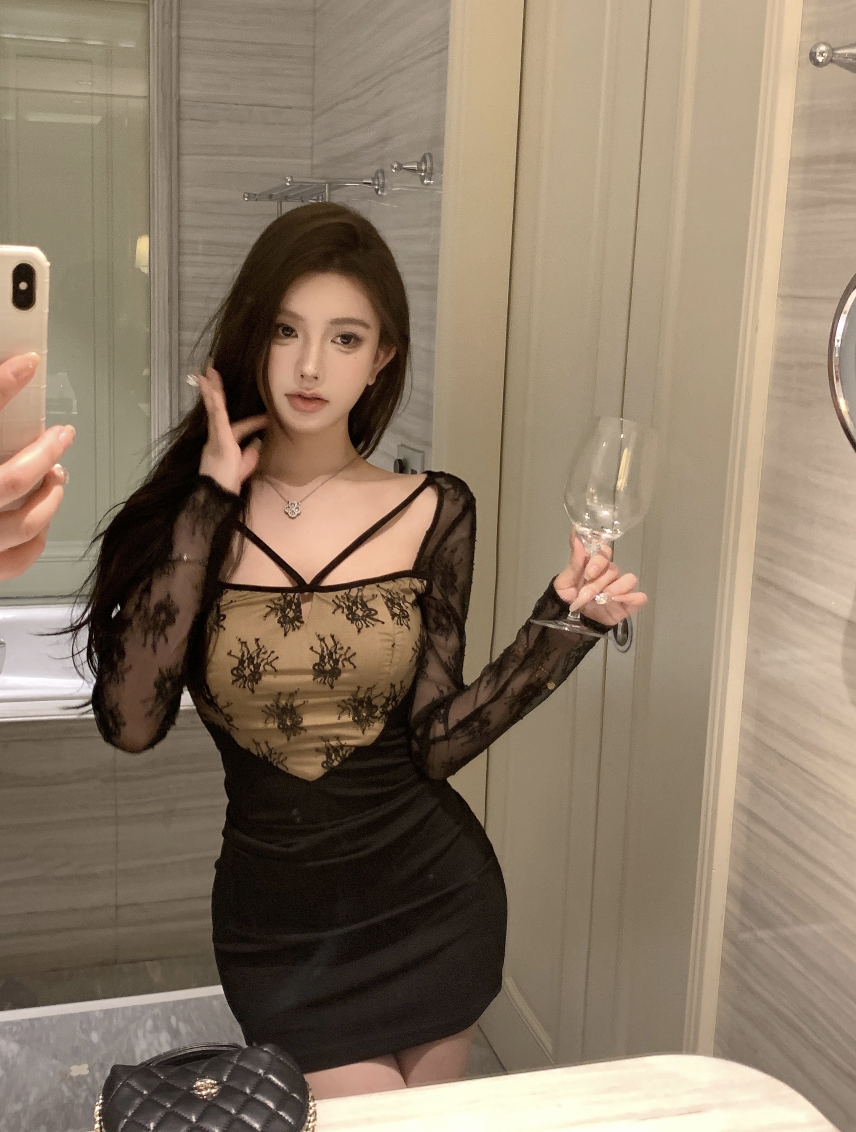 Actual shot of Pure Lust Lace Bottoming Skirt for Women Autumn and Winter Sexy Royal Sister Hip Cover Dress