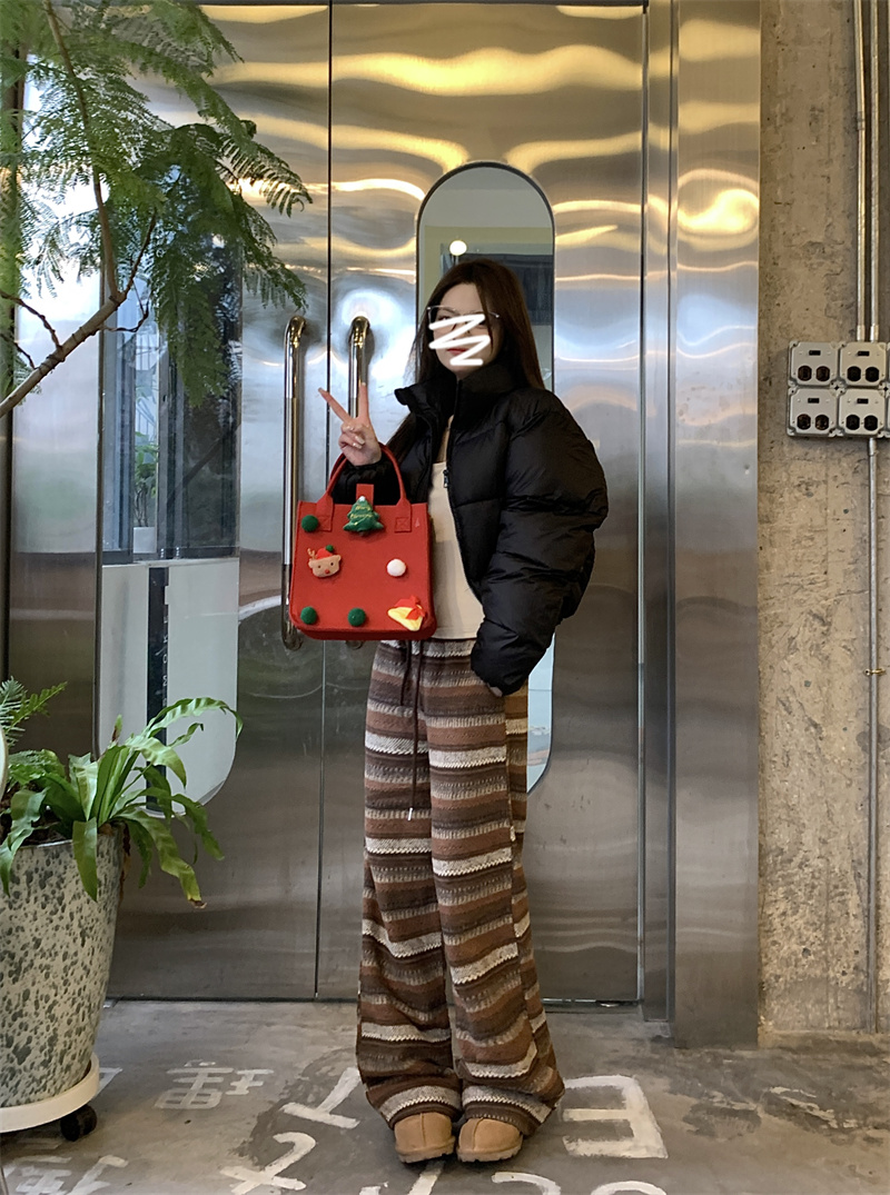 實拍~2023冬季美拉德條紋高腰顯瘦寬鬆加厚休閒直筒闊腿褲子