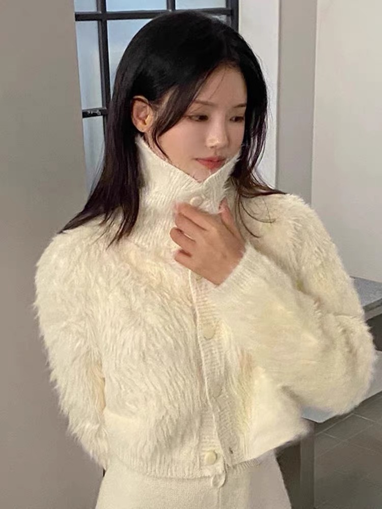 Sweet big lapel long-sleeved sweater for women autumn and winter 2023 new design furry slimming knitted cardigan jacket