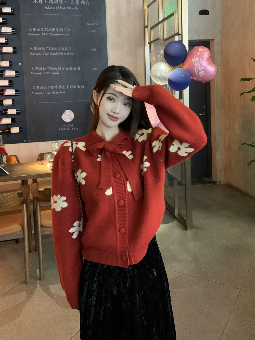 實拍~ 韓版蝴蝶結系帶花朵印花寬鬆長袖針織開衫+高腰半身裙
