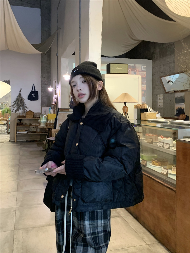 實拍2023秋冬韓版寬鬆菱格短款小香風棉服外套女