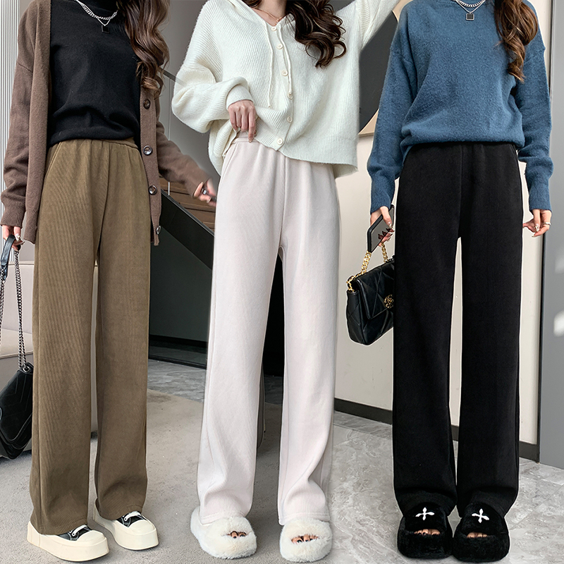 實拍 秋冬季歐棉絨闊腿褲女高腰小個子拖地褲新款直筒顯瘦休閒褲