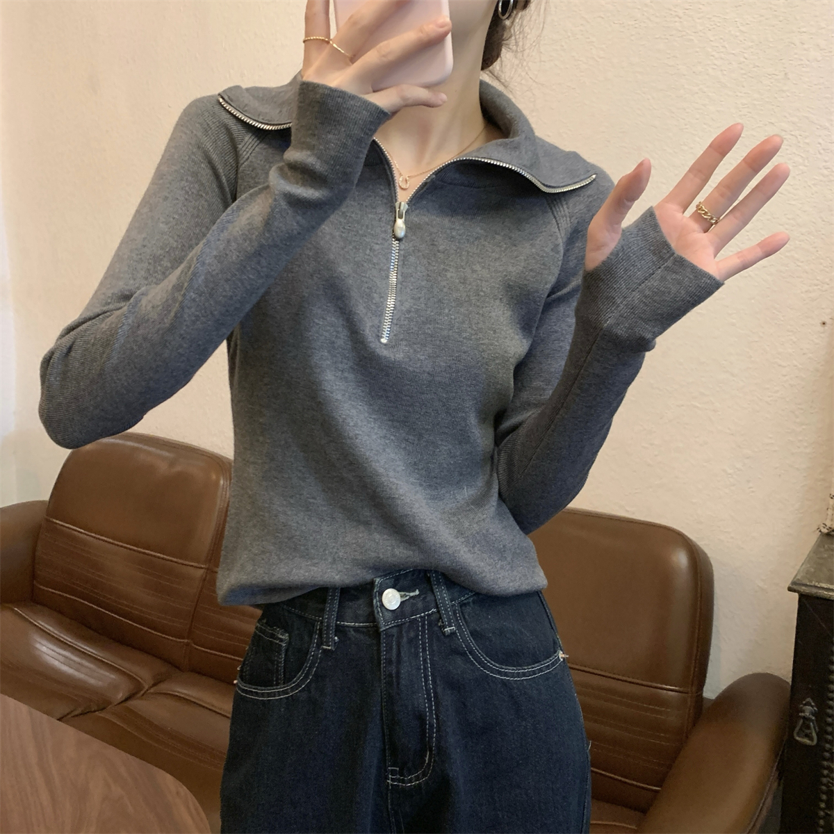 實拍 秋冬韓版修身拉鏈翻領插肩顯瘦內搭安迪絨針織打底毛衣