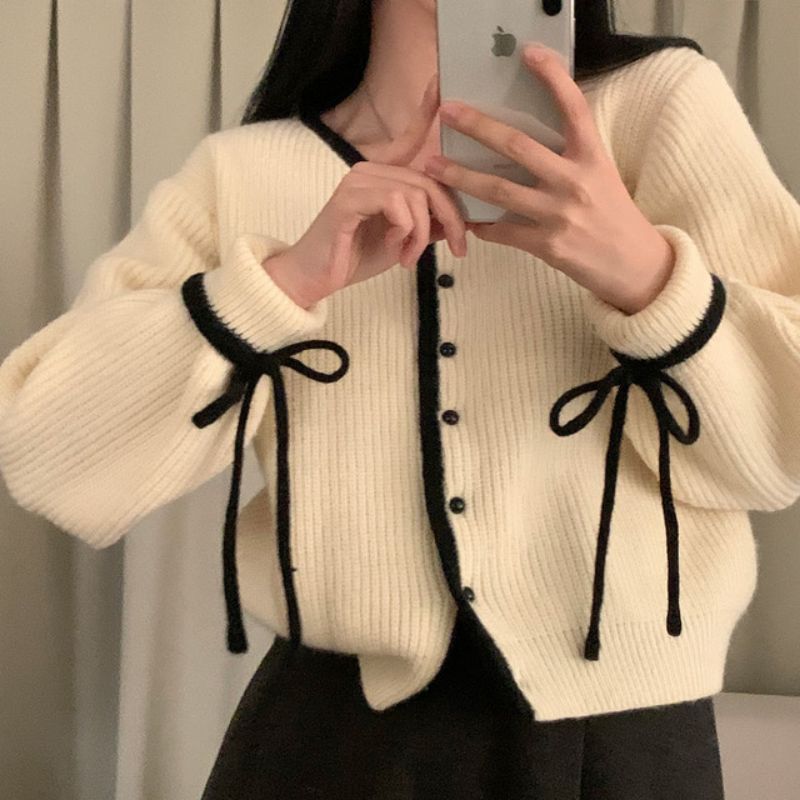 韓國chic保暖百搭單排扣系帶毛衣女甜美撞色針織外套