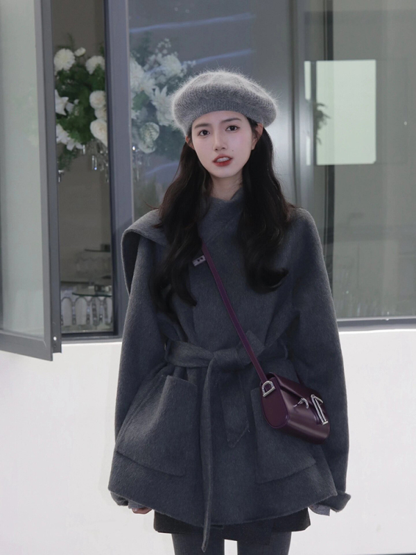 2023今年流行新款小個子雙面呢大衣深灰色中長款毛呢子外套女冬裝