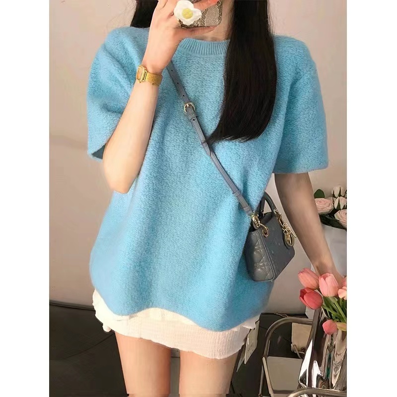 早春款甜美女裝2023年新款藍色毛衣設計感小眾短袖T恤針織衫上衣