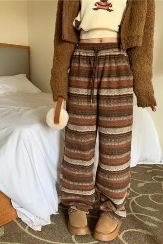 Actual shot of Maillard striped high-waist slim loose woolen thickened casual straight wide-leg pants