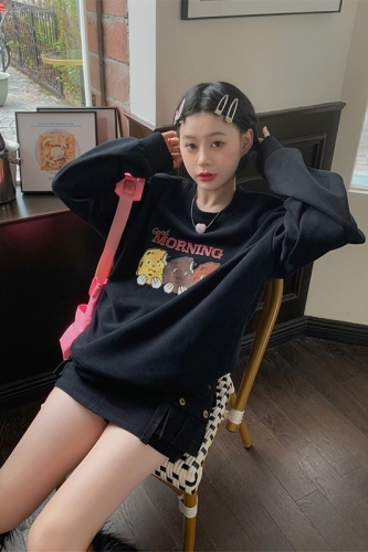 Velvet thickened hooded sweatshirt for women autumn and winter Korean version 2024 new style front and back letter print couple style long-sleeved top