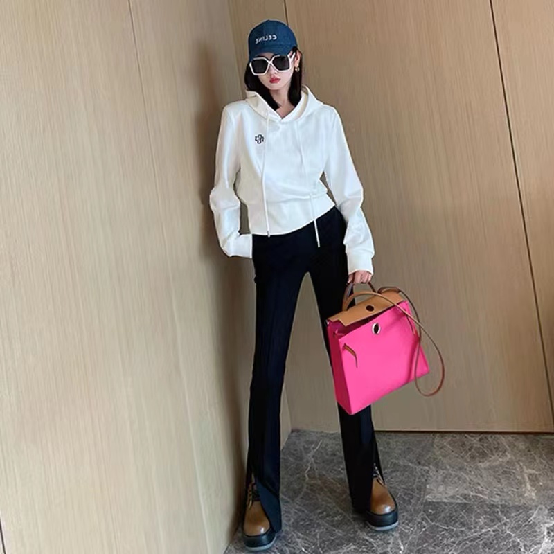 Nancy小景家同款直角肩女孩赫本風高腰短款收腰多色刺繡連帽衛衣
