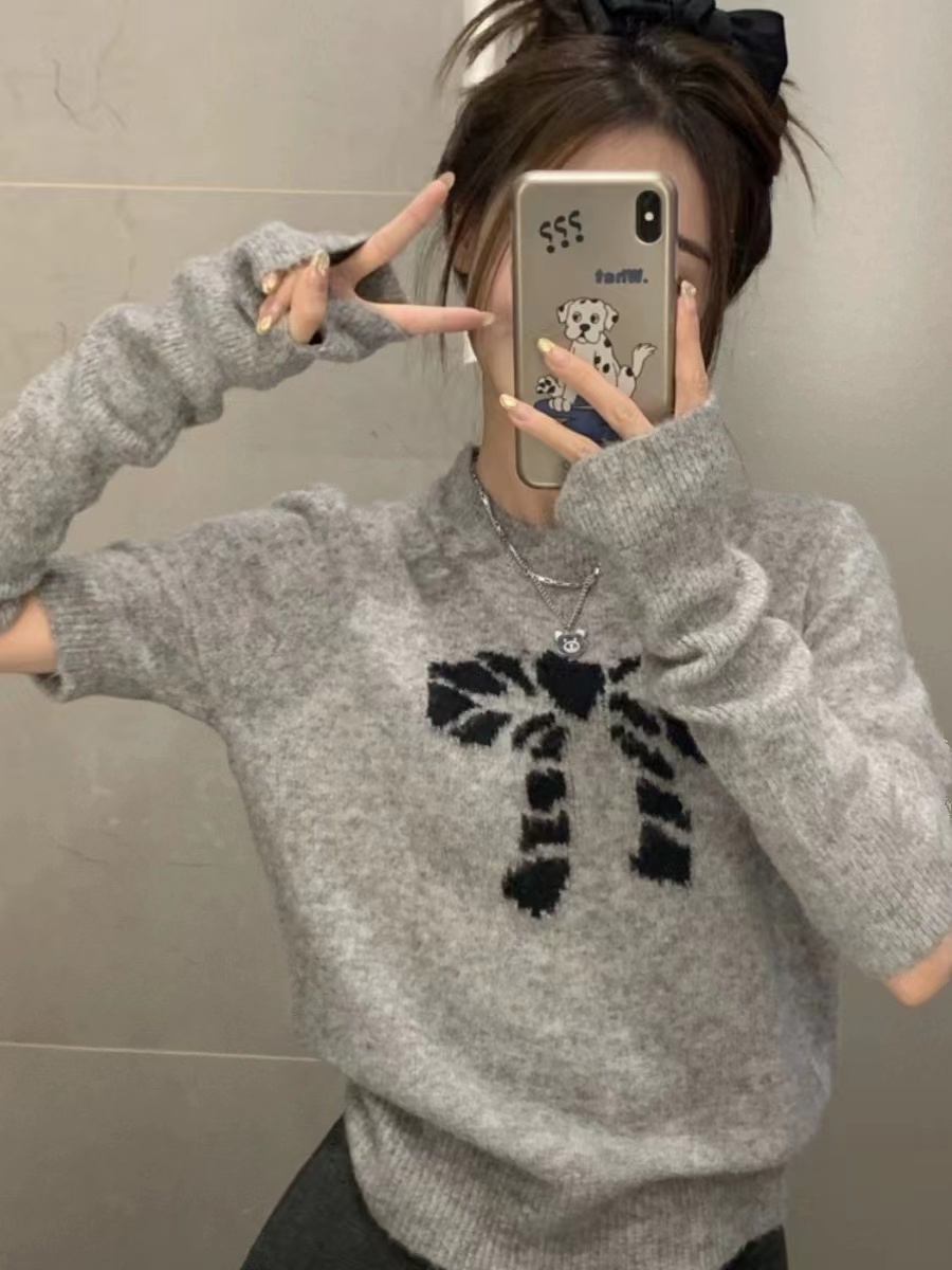 小眾別致蝴蝶結提花圓領短袖毛衣+袖套 女秋冬灰色套袖針織衫上衣