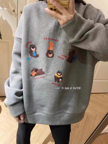  New Chinese Cotton Composite Thin Style 310g/Fleece 410g Autumn and Winter Sweater Women's Printed Loose Large Size