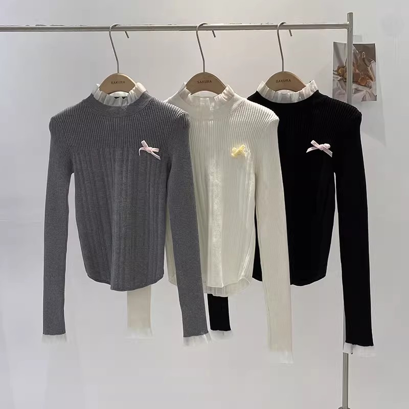 Sweet age-reducing fungus edge stand-collar sweater for women 2023 autumn and winter new Korean style small bow bottoming top