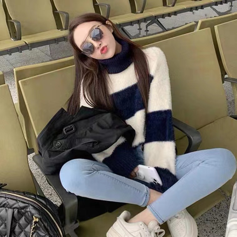 馬海毛套頭毛衣女寬鬆外穿秋冬慵懶風加厚條紋高領針織衫上衣