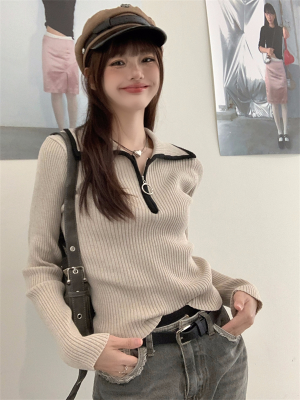 Real shot of high-end contrasting color half-zip lapel sweater autumn and winter bottoming slimming knitted top