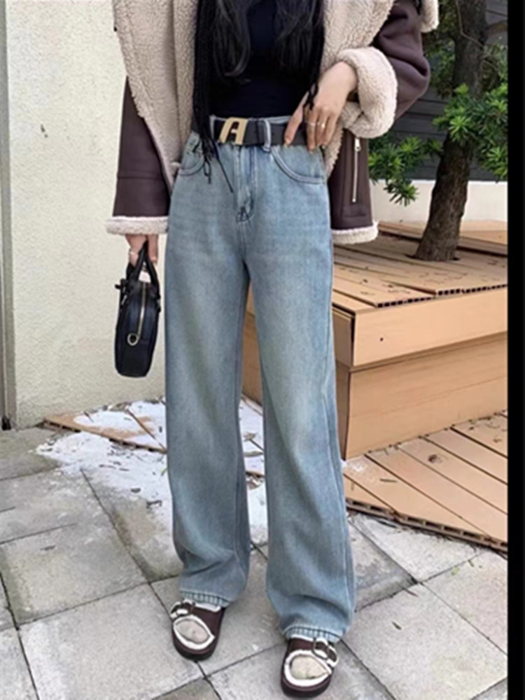 歐貨高腰窄板洋氣顯瘦後口袋V字直筒闊腿牛仔褲女長褲