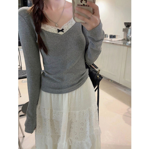 Bow V-neck long-sleeved sweater sweater for women, autumn and winter inner layering shirt, gentle wind outer top