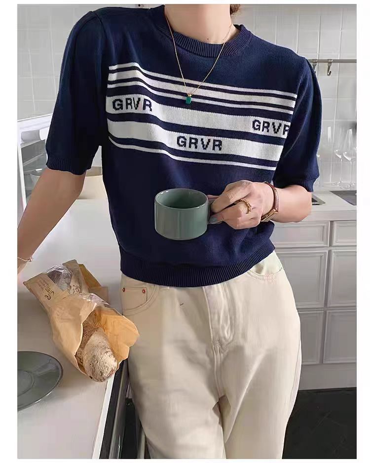 韓國GROVE字母條紋針織短袖女修身顯瘦泡泡袖套頭圓領短款上衣T恤