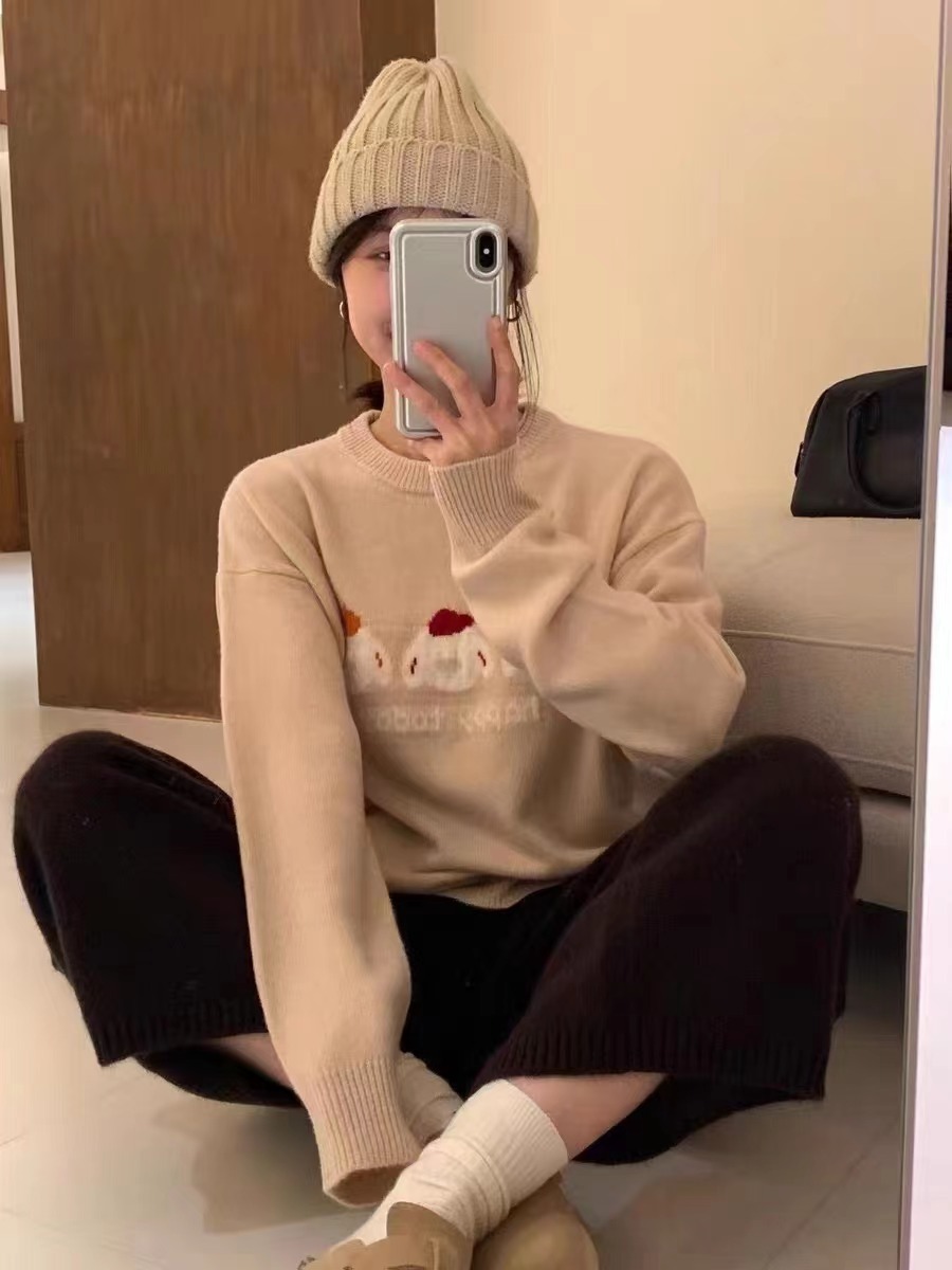 2024 new autumn and winter cartoon puppy letter embroidery pullover sweater sweet soft waxy sweater top