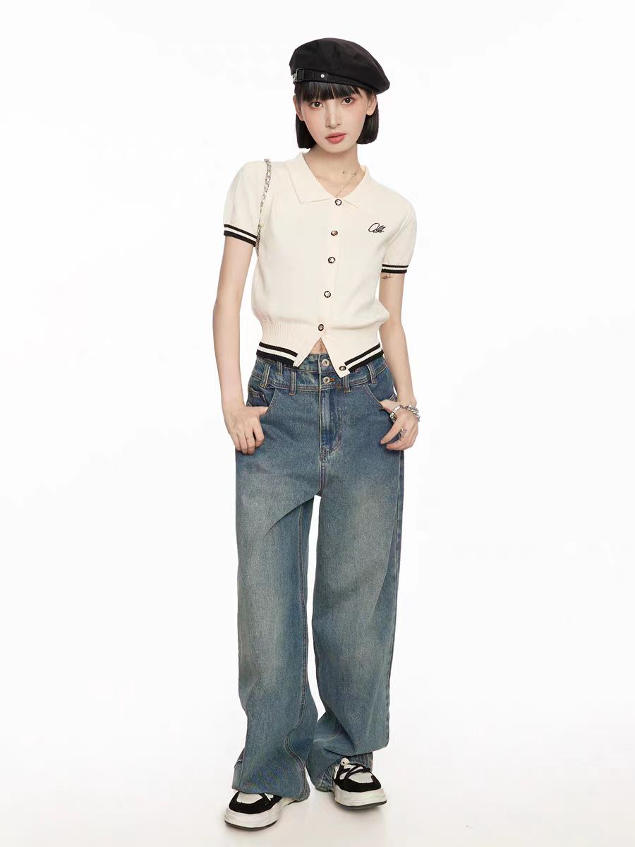 美式復古針織短袖t恤女夏夏季短款正肩修身打底衫冰絲polo領上衣