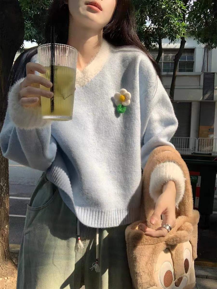 減齡立體小花毛毛V領針織衫毛衣女秋季2023新款韓系甜美寬鬆上衣