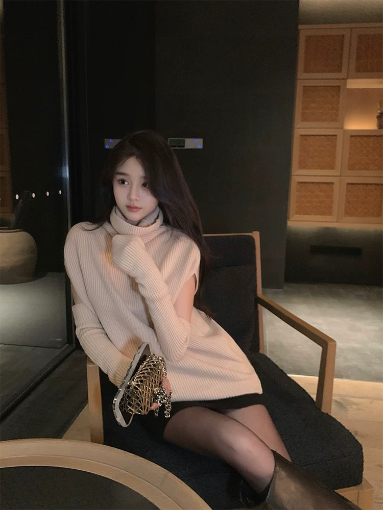 韓雨嘉紫色高領毛衣女秋冬設計感小眾內搭打底針織衫寬鬆顯瘦上衣